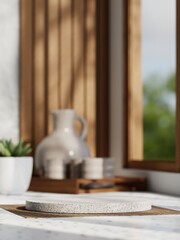 3d granite display podium with succulent and jug set on wooden table. 3d rendering of realistic presentation for product advertising. 3d illustration with blurred background.