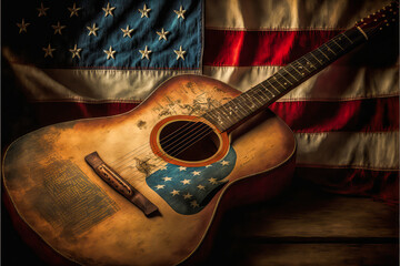 A vintage American string guitar, worn and weathered, stands in front of an old American flag. Embodies the vibrant history of music in the USA.