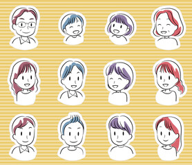 シンプルなラインで描いた様々な世代の人物アイコン（シール風）