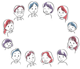 シンプルなラインで描いた様々な世代の人物フレーム