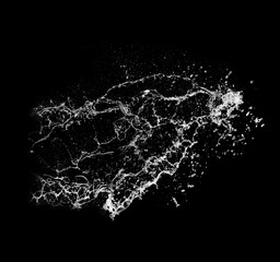 Pure Water splash isolated on black background. Royalty high-quality free stock photo image of overlays realistic Clear water splash, Hydro explosion, aqua dynamic motion element spray droplets