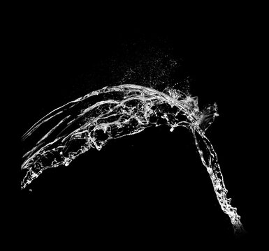 Pure Water splashes isolated on black background. Royalty high-quality free stock photo image of overlays realistic Clear water splash, Hydro explosion, aqua dynamic motion element spray droplets