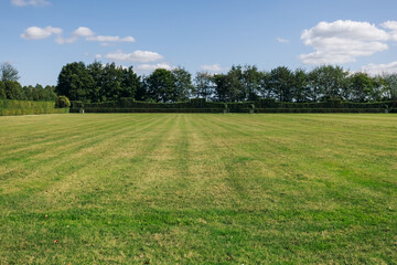 summer landscape of nature against the blue sky and green grass and trees, there is a place for an inscription