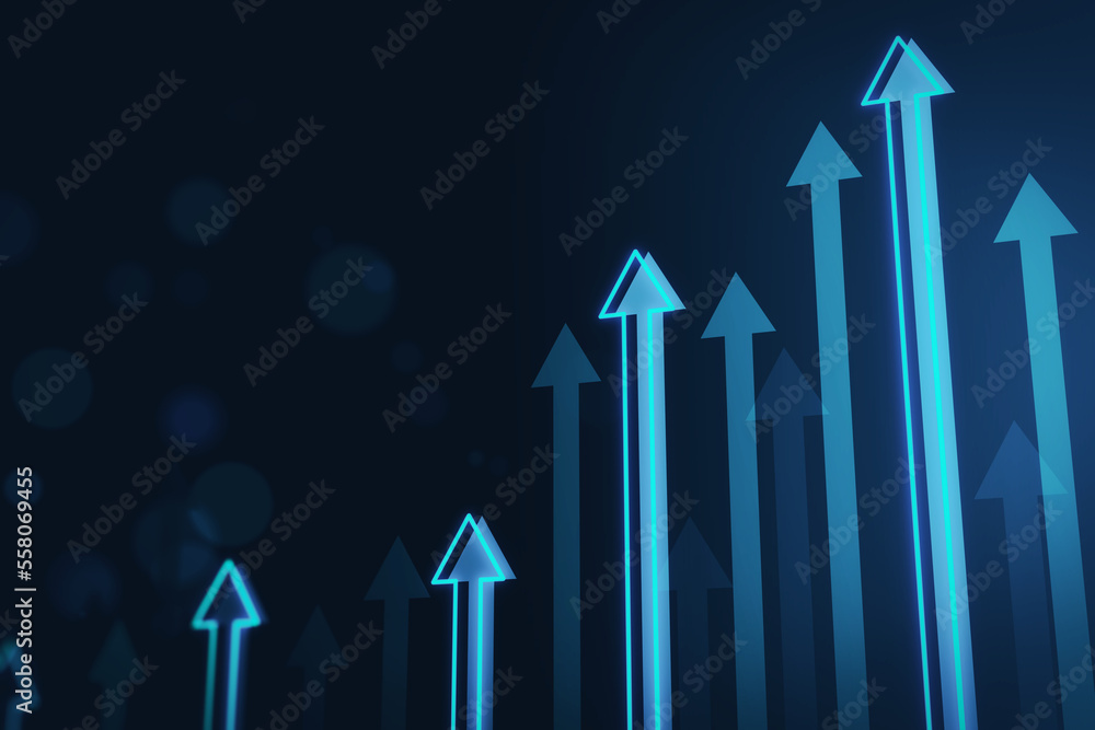 Poster growth and business success concept with digital blue arrows growing up on abstract dark background.