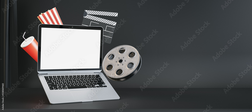 Poster online movie watching and cinematography concept with blank white modern laptop screen with empty pl