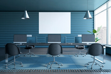 Front view on blank white poster on blue slatted wall background in sunlit coworking office with modern computers on dark tables on concrete floor and city view from big windows. 3D rendering, mock up