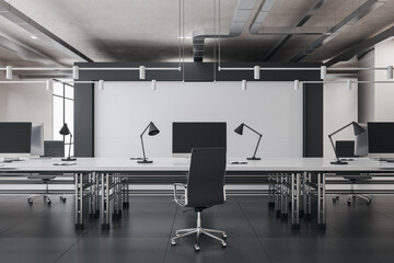 Front view on spacious stylish coworking office with comfortable workspace, white tables and black chairs, blank light wall on the back side. 3D rendering