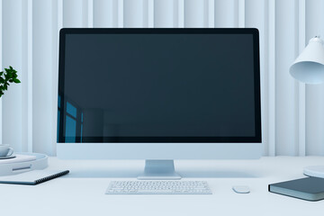 Front view on blank dark modern computer monitor screen with space for your logo or text on light office table with lamp on slatted wall background. 3D rendering, mockup