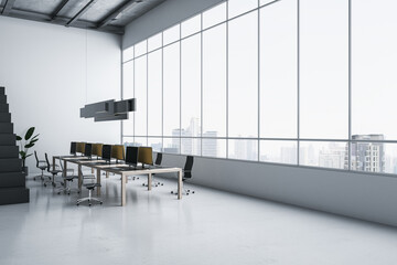 Perspective view on stylish monochrome interior design open space office with modern computers on big wooden table on city view background from panoramic window. 3D rendering