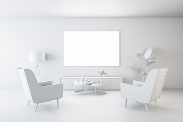 Front view on blank white TV screen with place for your logo or text on light wall background in cozy total white living room with coffee table and vintage style armchairs. 3D rendering, mockup