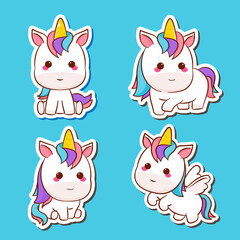 Set Cute unicorn sticker. Cute kawaii unicorn cartoon character collection. Flat cartoon style. Animal concept design. Vector art illustration. 