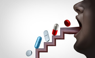 Prescription drug abuse and Opioids or ‎Fentanyl addiction as Opioids and the opioid crisis and substance abuse concept as over-prescribed medication as pills stairs 