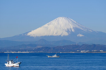 海辺から富士山を眺める