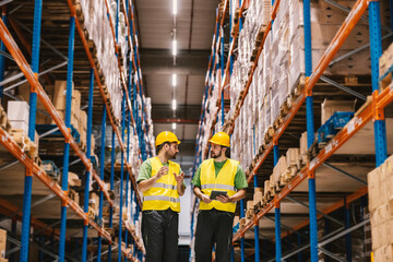 Two warehouse clerks walk in storage and discussing about inventory tracking on tablet.