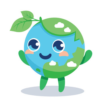 Cute cartoon character of planet earth with leaves. Take care of the Earth, ecological concept. Flat style. Vector illustration. 