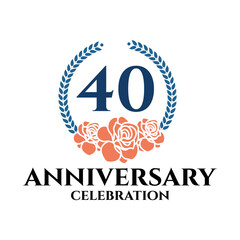 40th anniversary logo with rose and laurel wreath, vector template for birthday celebration.