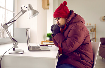 Portrait of a young attractive business man in winter coat and hat with gloves working in the cold...