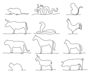set of animals, symbols of the year according to the Chinese calendar,hand drawn, continuous mono line, one line art