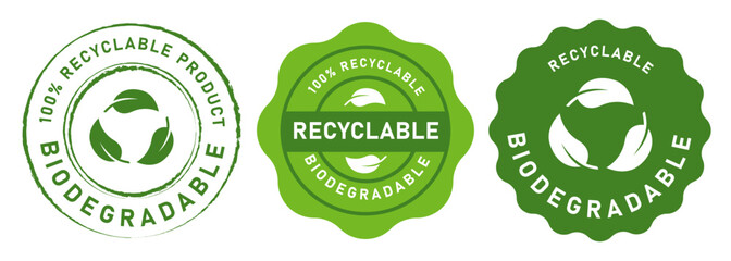 Biodegradable recyclable label sticker green flat stamp icon seal logo