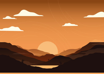 Sunset Over Mountains Landscape Ilustration
