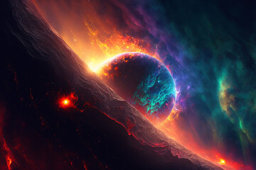 Obraz na płótnie Canvas a glorious galaxy rise from the surface of an ocean planet, abstract graphic design, wallpaper background