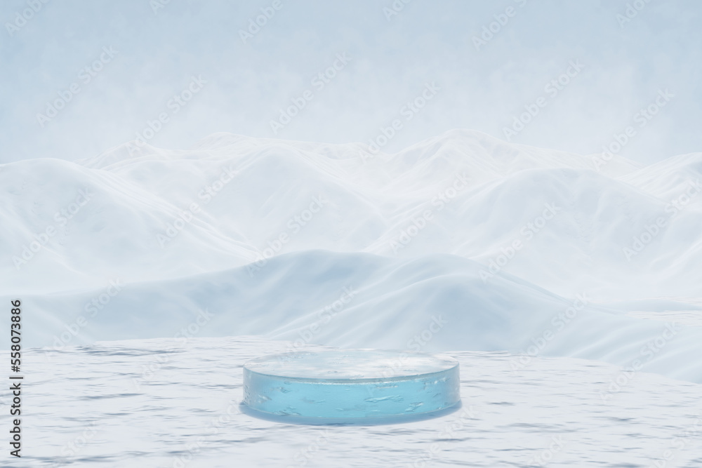 Poster abstract 3d render platform and ice podium background on ice snow mountain with snow covered ground,