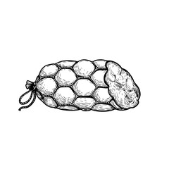 Sausage in vintage style. Hand drawn sketch style butchery product. Best for package and market advertising design. Vector illustrations isolated on white background.