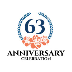 Fototapeta premium 63rd anniversary logo with rose and laurel wreath, vector template for birthday celebration.