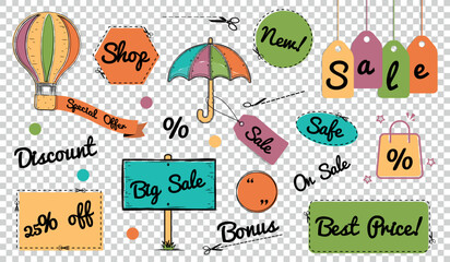 Discount Shopping Doodle Icons Set - Different Vector Illustrations Isolated On Transparent Background