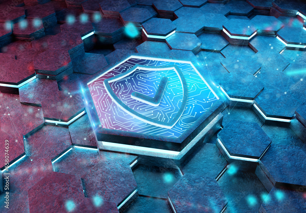 Poster shield icon concept engraved on metal hexagonal pedestral background. security logo glowing on abstr