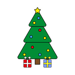 cartoon christmas tree gifts. Christmas invitation. Xmas present. Vector illustration. Stock image.