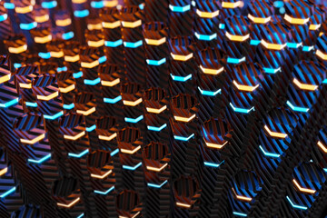 Metallic black blue and orange glowing hexagons moving pillars background 3D rendering