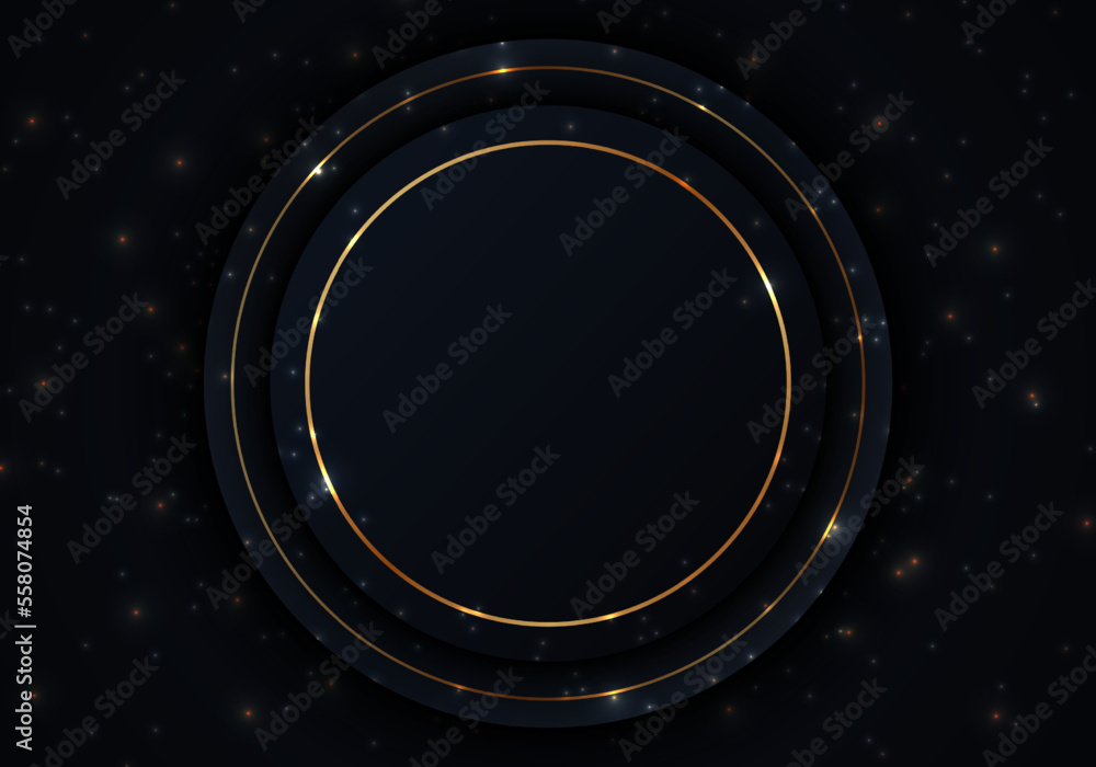 Poster abstract golden glitters design decorated with gradient blue circle layers. simple geometric templat
