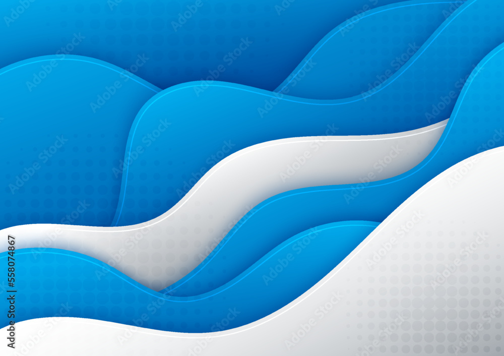 Poster abstract blue wavy pattern design of sea with white stripe template. overlapping with shadow 3d styl