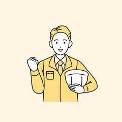 ガッツポーズをする現場監督、建築士の男性