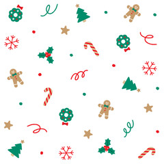 Cute Merry Christmas Holly Star Snowflake Gingerbread Candy Cane Christmas Tree Confetti Element Ditsy Sprinkle Sparkle Dot Spring Line Abstract Red Green Seamless Pattern Background Christmas Party