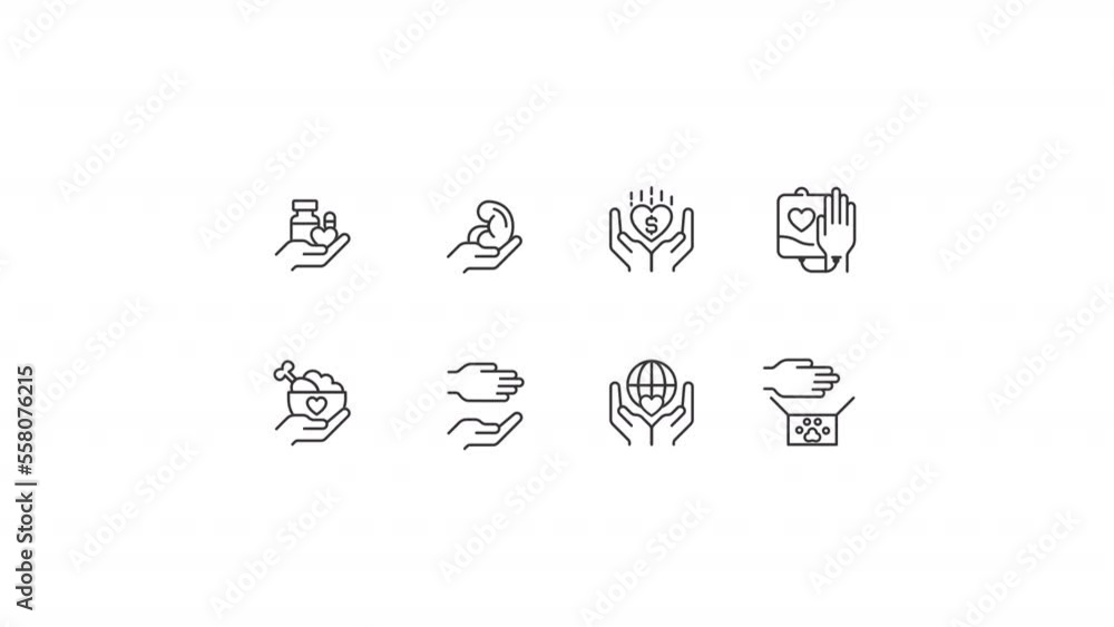 Poster animated benefaction linear icons. volunteer opportunities. charitable giving. foundations. seamless