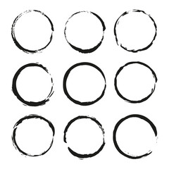 Brush circles in line art style. Round frame set. Grunge texture. Vector illustration. stock image.