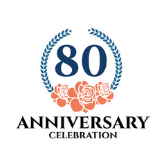 80th anniversary logo with rose and laurel wreath, vector template for birthday celebration.