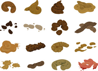 Set of shit vector illustration on white background. Cartoon doodle poop collection.