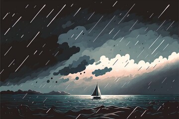 sailing boat on the raining sea
