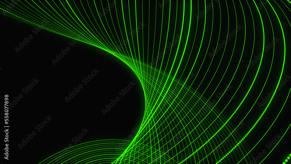 Poster green twist data connection wave. abstract technology stream background. digital dynamic wave of dot