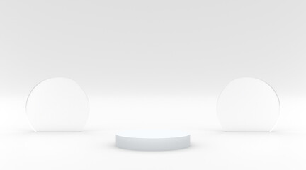 Podium white with white background and circle glass effect 3d illustration render for your product design flyer and etc