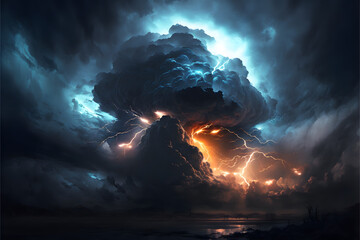 A storm with dark, towering clouds and lightning turning upwards, cinematic, illustration digital generative ai design art style