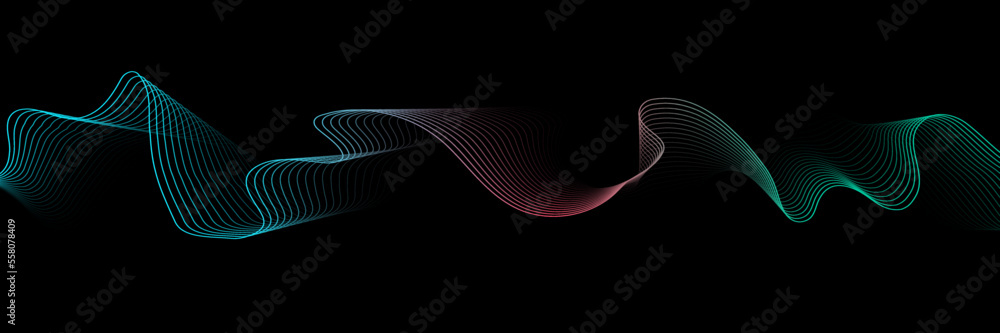 Poster abstract colorful gradient smooth wave on a black background. dynamic sound wave. design element. ve