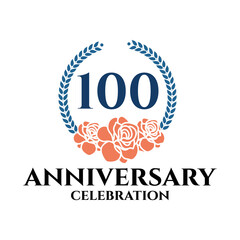 100th anniversary logo with rose and laurel wreath, vector template for birthday celebration.