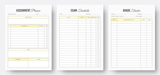 Study planner templates. Assignment planner template. Exam timetable planner. Grade tracker template. 3 Set of minimalist planners. Kdp interior planner template design. Set of planners. Eps10 vector