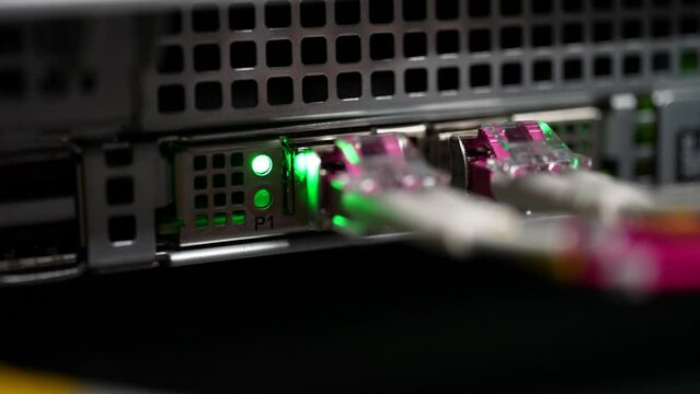 Fiber optic connectors at cloud storage server network, Close up shot
