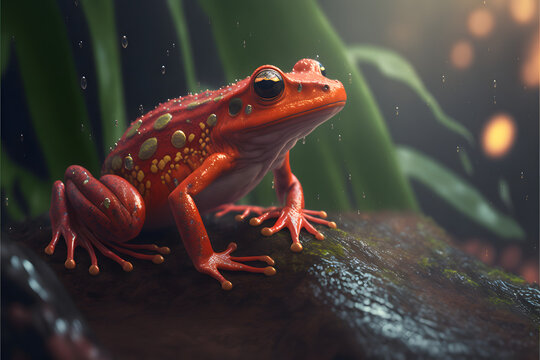 red color hybrid frog in a detailed rainforst, macro close up potrait, 3D reptile, Prehistoric, illustration digital generative ai design art style