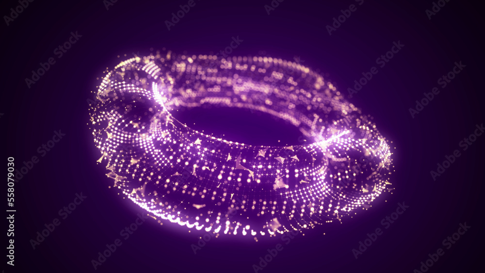 Poster futuristic dynamic wireframe torus on a purple background. the flow of scientific data. futuristic d